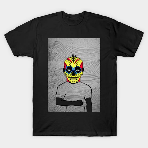 Dive into the Timeless Pixelated World of MaleMask NFT - PixelEye Color, GreenSkin Color, and Mysterious Waves T-Shirt by Hashed Art